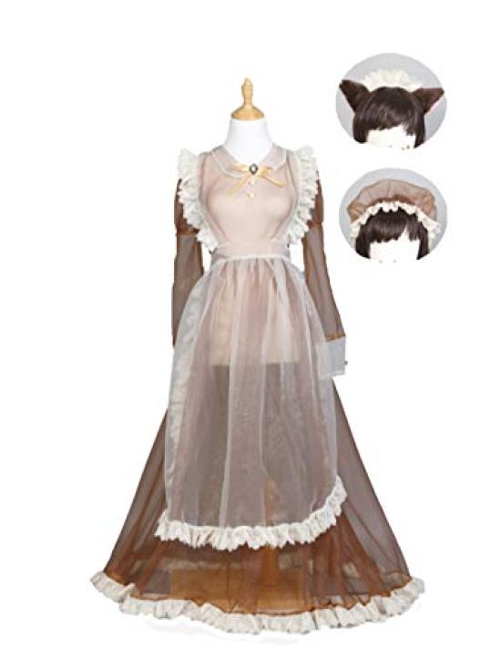 

Princess Maid Long Set for Size L Outfit Outfit, See-Through Design, Open-Breasted, Lace-Embroidered Dress, Five-Piece Photography, Brown, Women s