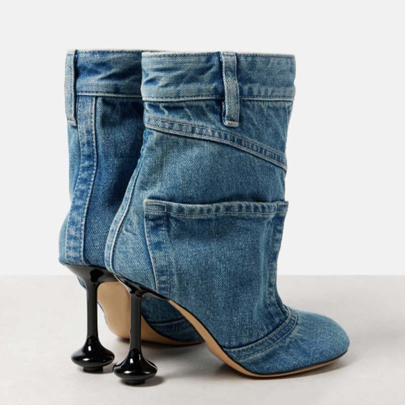 Fashion Spring Autumn New Irregular Heel Denim Skirt Edge Trouser Boots European American Women's Sewing High Heels Fashion Short Boots