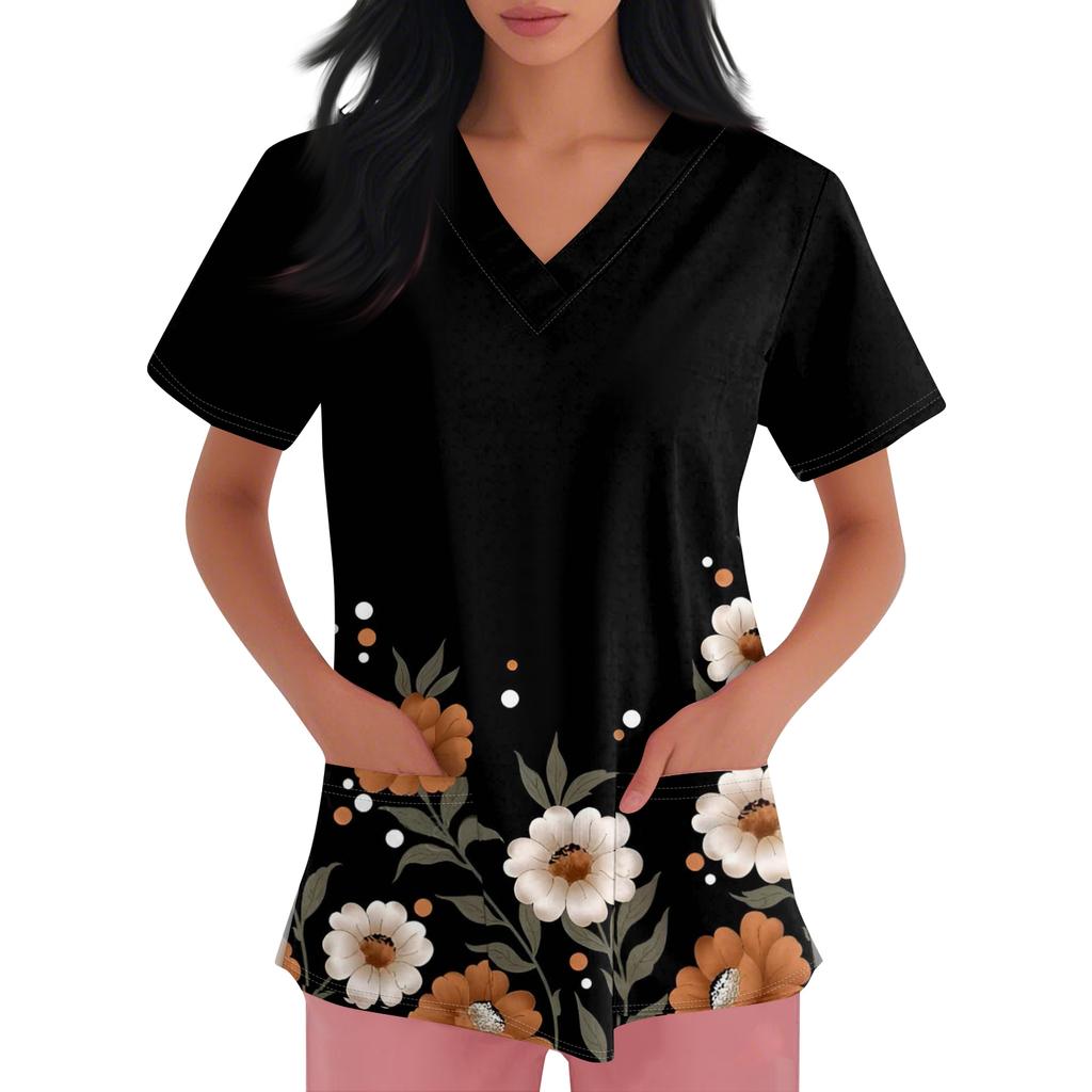 Damen V-Ausschnitt Cartoon-Print Kurzarm Tasche Seitenschlitz Schutzkleidung Oberteil