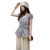 Mishow Lace Trim Puff Sleeve Bow Tie Short Sleeve Blouse