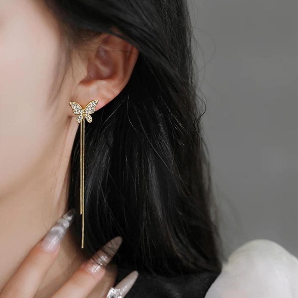 Elegant Black Butterfly Rhinestone Tassel Earrings - Versatile Two-Way Wear Trendy Accessories