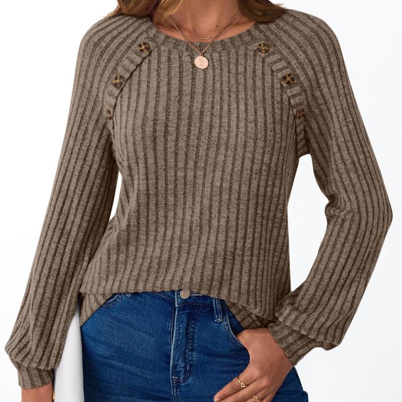 

Long Sleeves Women s Crew Neck Button Splicing Temperament Commuter Pit Strip Casual Sweater Bottom Shirt XXL коричневый
