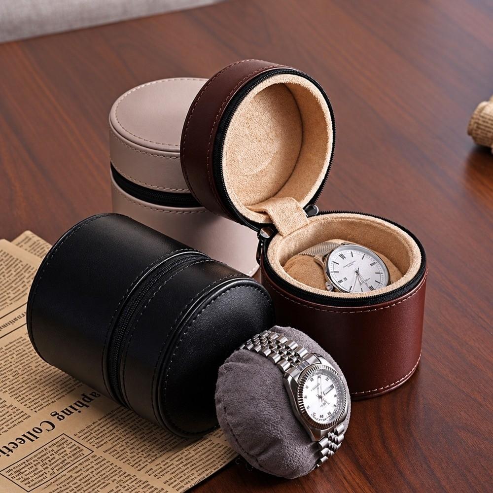 Round Flip-Top Watch Storage Box PU Leather Watch Storage Holder Watch Display Case  Daily Commute