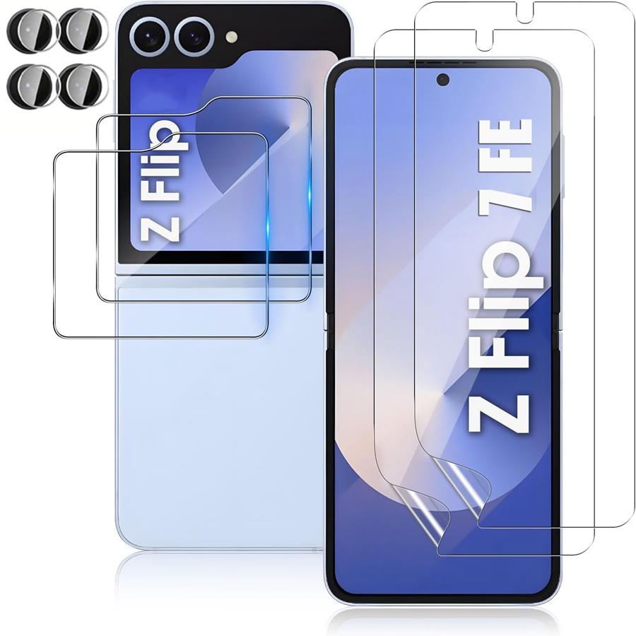 6 Pièces [2+2+2] Protecteur d'écran pour Samsung Galaxy Z Flip 7 Film TPU Souple Flexible + Film en Verre Trempé 9H + Protecteur d'objectif de caméra souple Flip 7 FE Flip7