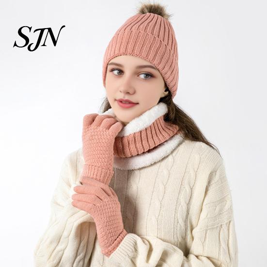 Soft Fleece Winter Gift Set Hat Neck Warmer Gloves Set, Knitted Beanies with Pompom, Touch Screen Gloves, Lined Knit for Men Women Cold Weather