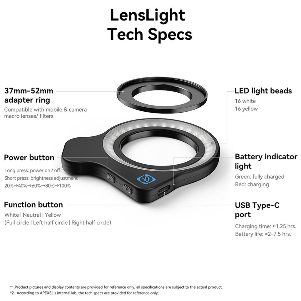 Portable Phone Macro Lens Ring Light Phone Lens Fill Light 3200K 4400K 5600K Color Temperature 5 Levels Brightness CRI