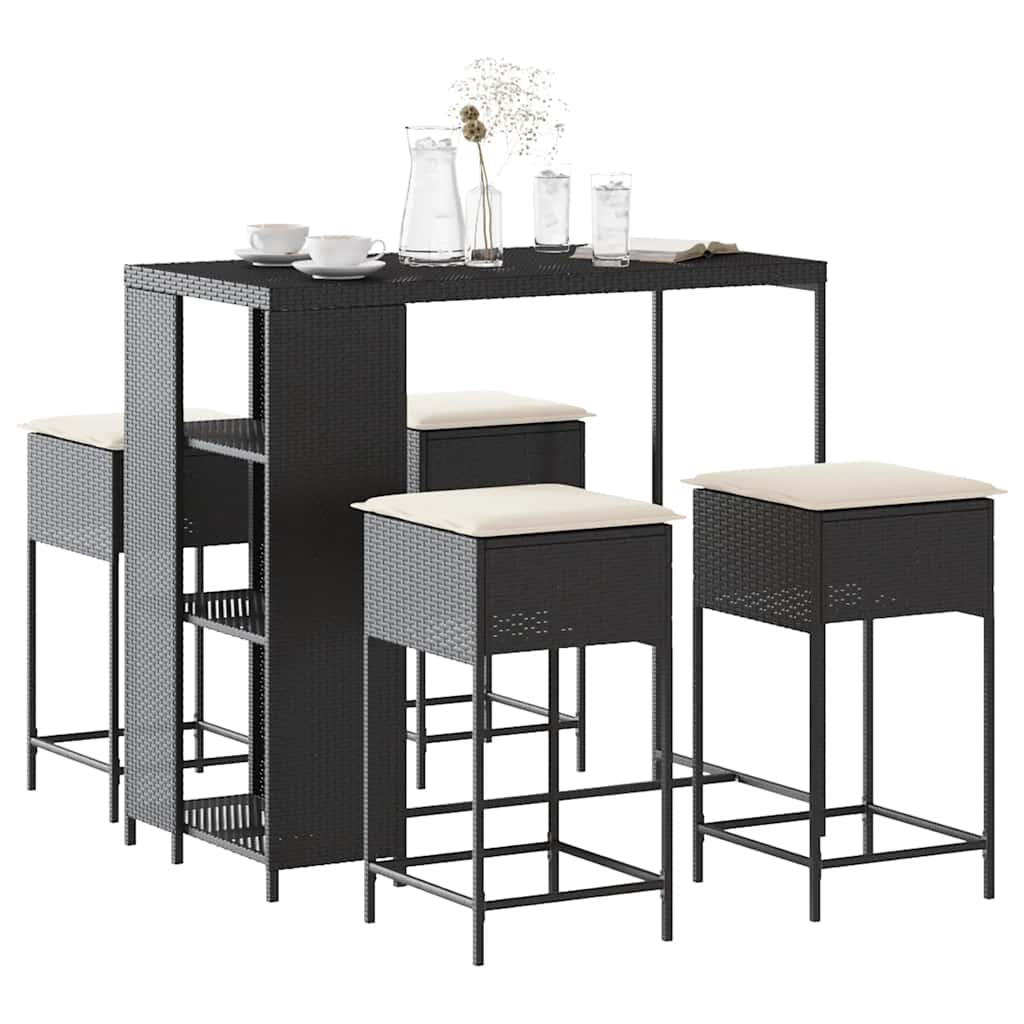 5-teiliges Garten-Bar-Set mit Kissen Schwarzes Poly-Rattan