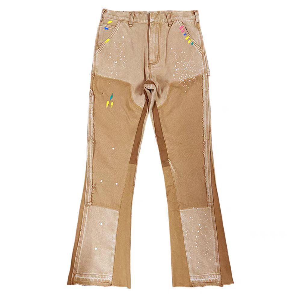 

Мужские уличные джинсы, трендовая одежда, цветные пятна чернил, мешковатые джинсы, джинсы с бахромой в стиле пэчворк, свободные джинсы с рогом 3XL хаки