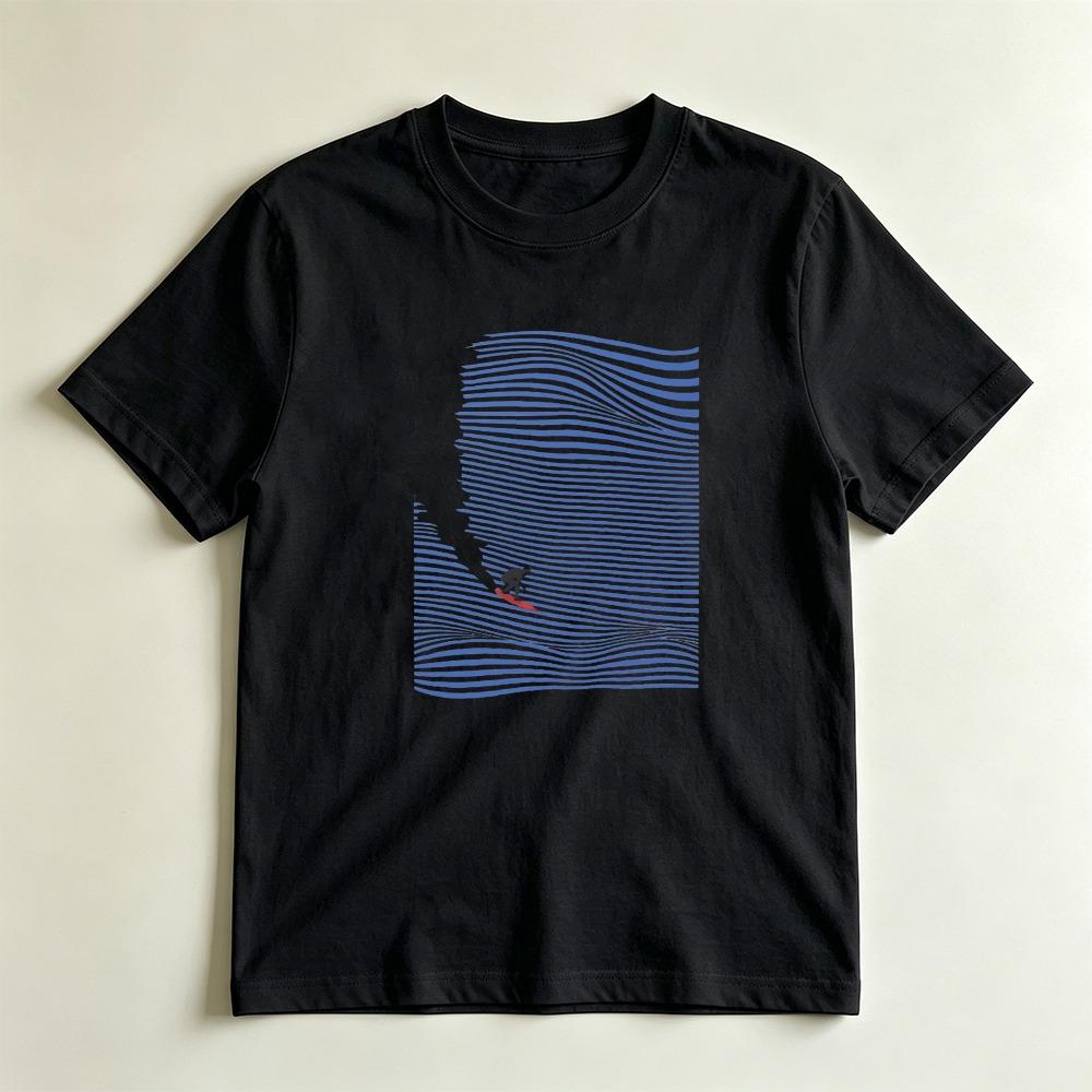 Surfer Ocean Lover Gift TShirt Minimal Blue Line Wave Surfboard Silhouette Print Top Modern Beach Coastal Vacation Casual Tee S
