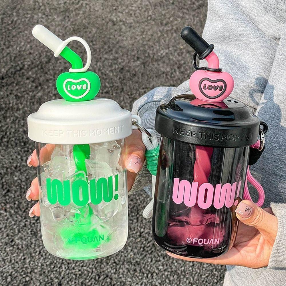 Kawaii 580ML/520ML Water Bottles Straw Dust Cap Portable Handle Drinking Cup Leak-proof High-capacity Stirring Cup Fruit Juice