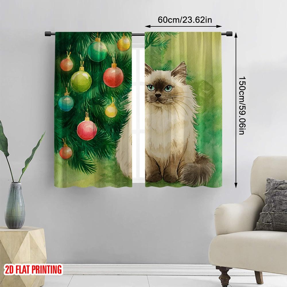 2pcs,2D Plane Printing Window Curtain Longhair Cat by Tree Polyester Fabric (without Rod) Versatile All for Living Room,