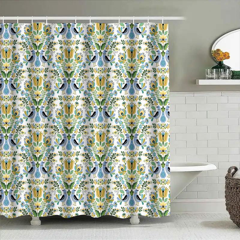 Floral Shower Curtain Botanical Nature Birds Pattern Bathroom Decor Waterproof Fabric Liner Vintage Farmhouse Style Home Textile