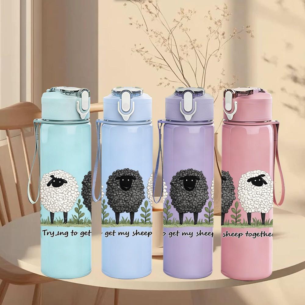 1PC Three Sheep Slogan Quote Print 750ml Color Plastic Sports Water Bottle Leakproof Flip Straw Lid Suitable for Sports Office Home Use