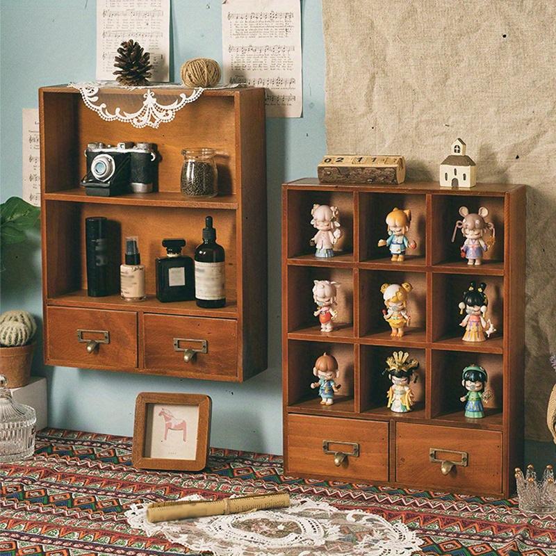 1pc 2/9 Squares Vintage Wooden Dividers Organizer with 2 Drawers,Makeup&perfume&dolls Display Container Cabinet.