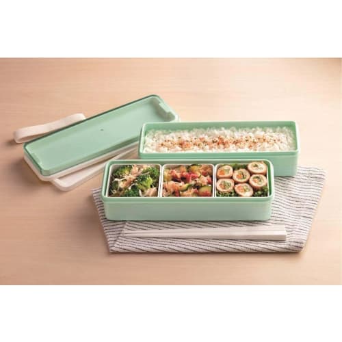 Skater Nutritionally Balanced Bento Box, 2-Tier, with Silicone Inner Lid, 900ml Capacity, Slim Type, with Inner Filler, Powder Pastel Green, Made In J