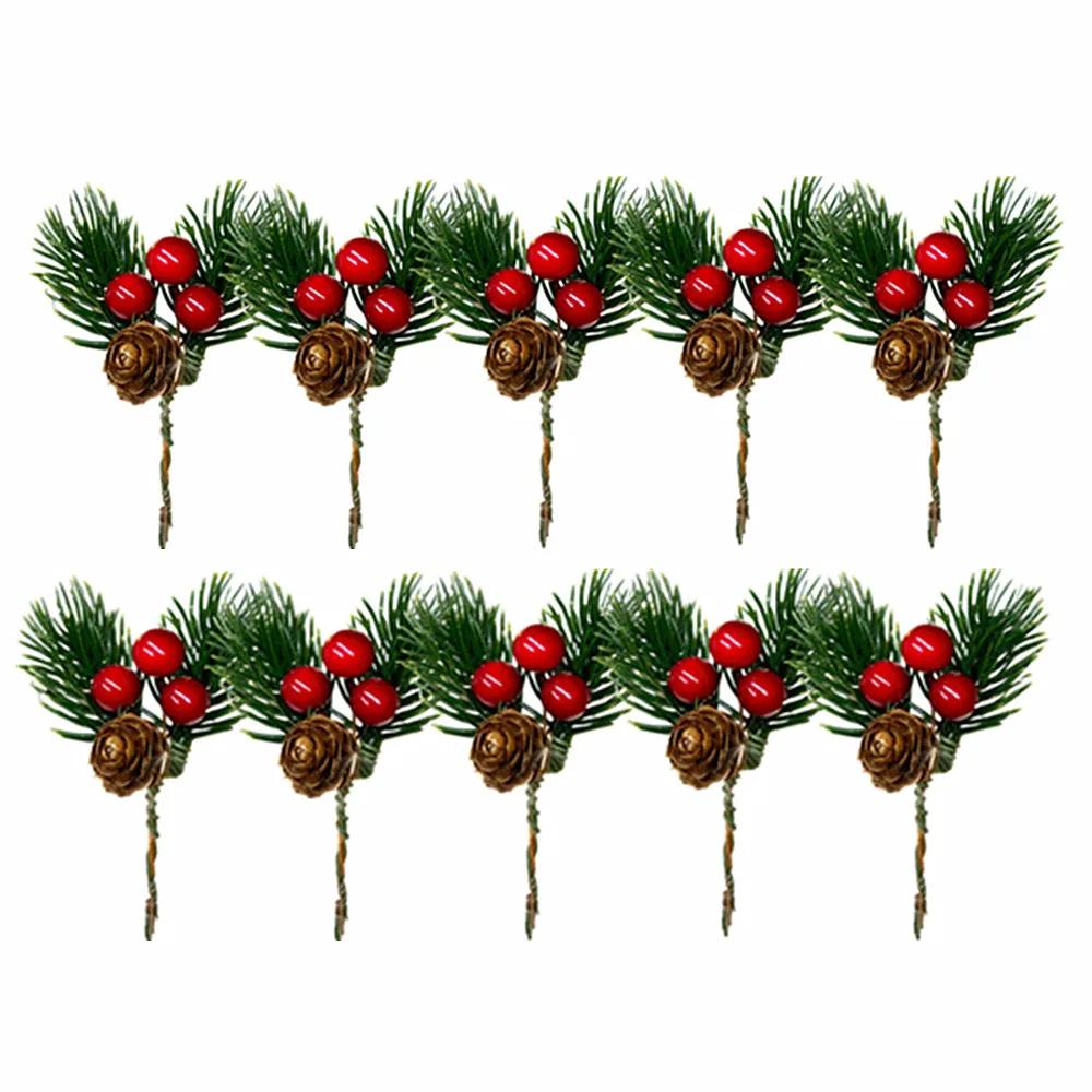 10Pcs Christmas Pine Cone Artificial Red Berry Picks Faux Pinecone for DIY Flower Wreaths Xmas Gifts Decorations