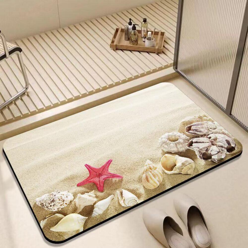 Sky Blue Gold Crack Marble Bath Mat Quick Dry Entryway Rug Natural Stone Golden Line Abstract Minimal Bathroom Floor Mat