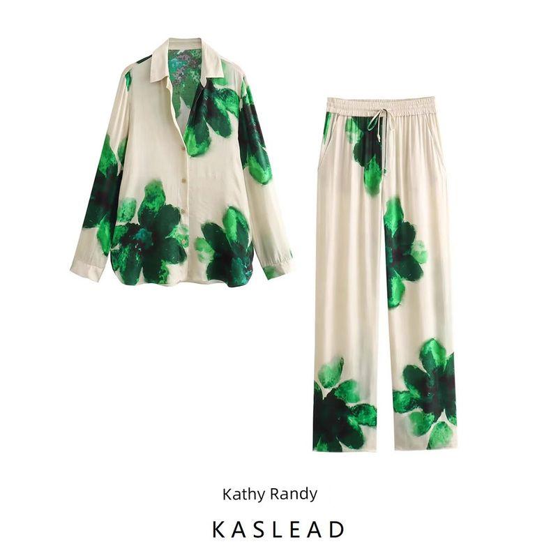Kaslead New Women Clothes Western Style Fashion Simple Drape Print Top Casual Pants Set
