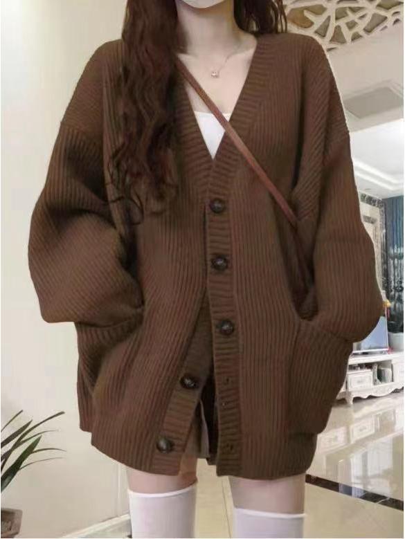 2025 Plus Size V-Neck Knit Cardigan: Loose, Mid-Length, Pocket Sweater Coat, Lazy Korean Style, Autumn Collection for Women
