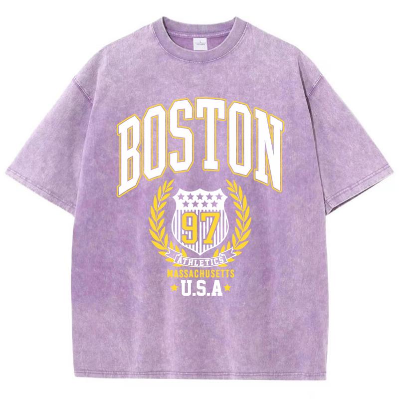Vintage Womans Acid Wash T-Shirts Boston Athletics Badge Prints Tops Crewneck Cotton Oversize Tee Shirts Clothes