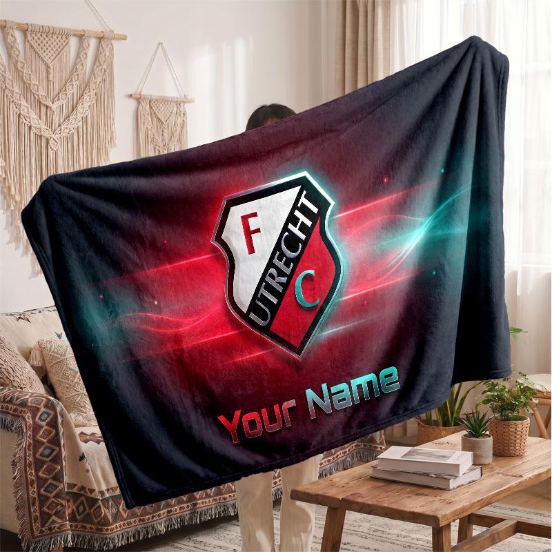 FC Utrecht Personalized Fleece Blanket With Football Logo, Custom Name Text Soft Warm Home Throw Blanket