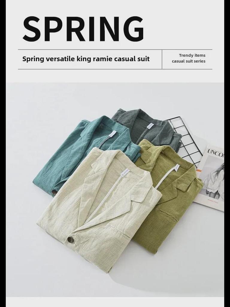 Herren-Retro-Anzug aus japanischem Ramie – locker, einreihig, einfarbig für Frühling und Herbst