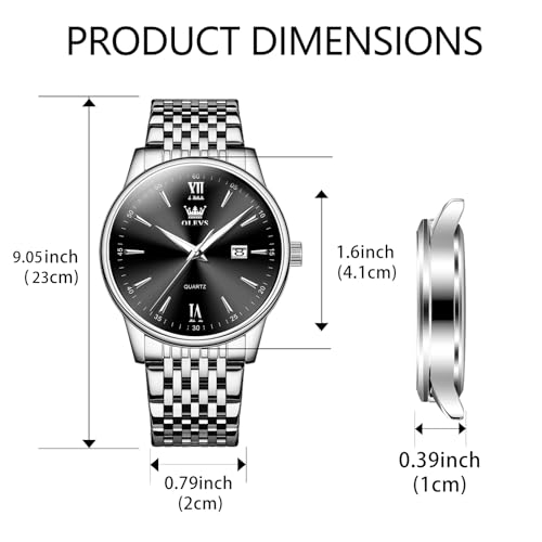 OLEVS Men's Stylish and Popular Black Quartz Analog Watch for Business and Work, Waterproof, Silver Stainless Steel Band, Black Dial, Date Display, Si