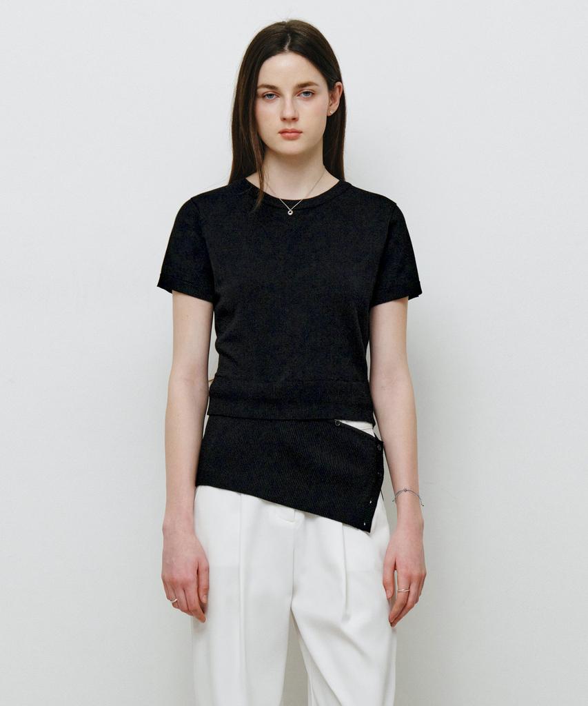 MONGDOL 2-Way Button Layered Round Neck Knit Black Mdkt133Black