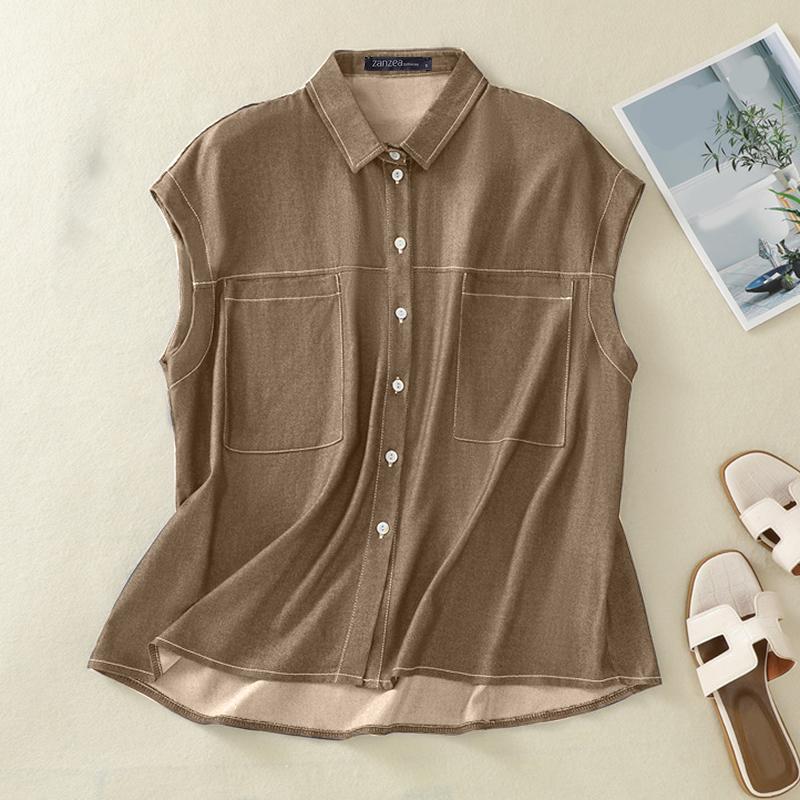 ZANZEA Women Summer Shirt Collar Sleeveless Loose Shirts