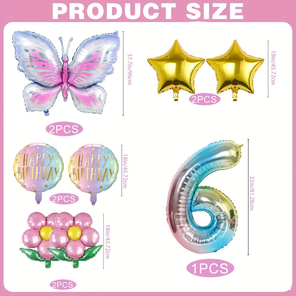 Butterfly Theme Daisy Stars Gradual Change Color Digital Aluminum Film Balloon Set Birthday Party Decoration Props