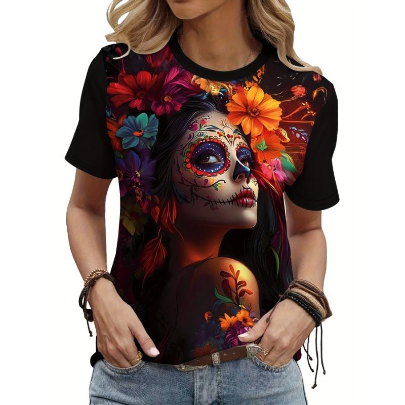Women s T-shirt - Colorful Sugar Skull and Flower Pattern 2XS