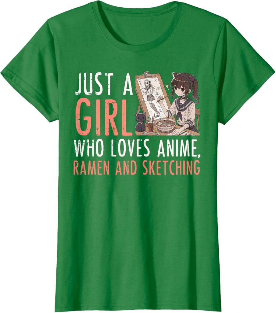 Anime Ramen Sketching Girl Graphic Tee Kawaii Drawing Lover Casual TShirt for Women