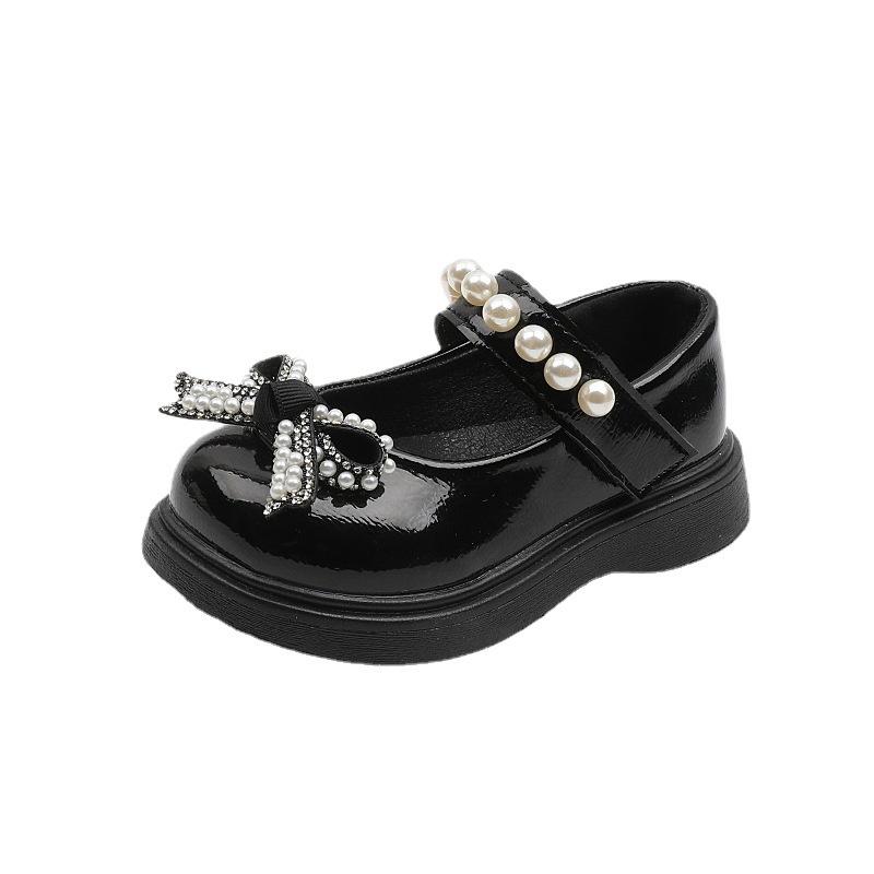 

Girls Beaded Bowknot Patent Leather Shoes Kids Pink White Black Casual Flats For Wedding Party British Children S Single Shoes 22