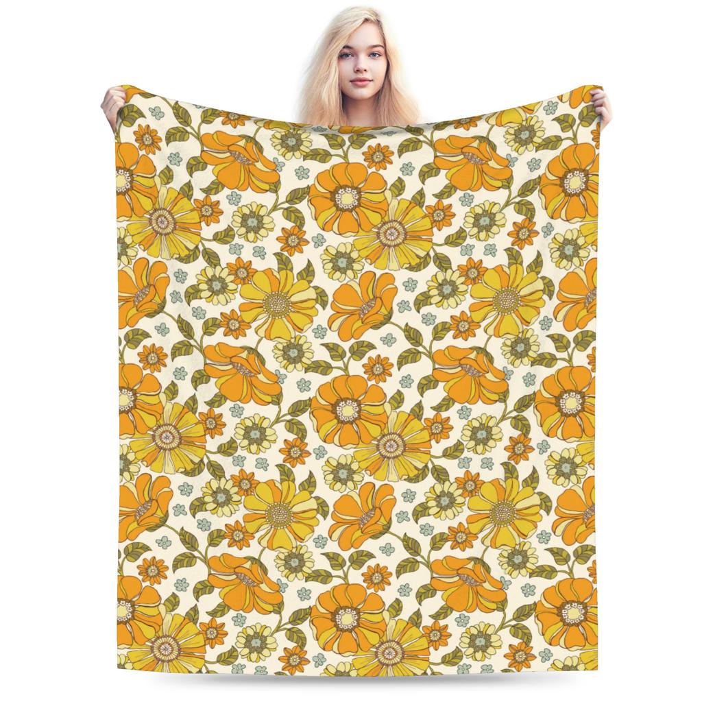 Colorful Floral Daisies Flower Blanket Flannel Printed Retro 70s Style Soft Throw Blankets for Sofa Couch Bedding Throws