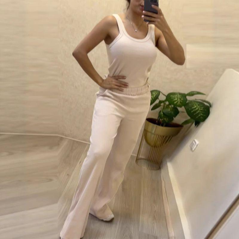 

Solid Sunken Stripe Sleeve Commuter Casual Set Apricot color S