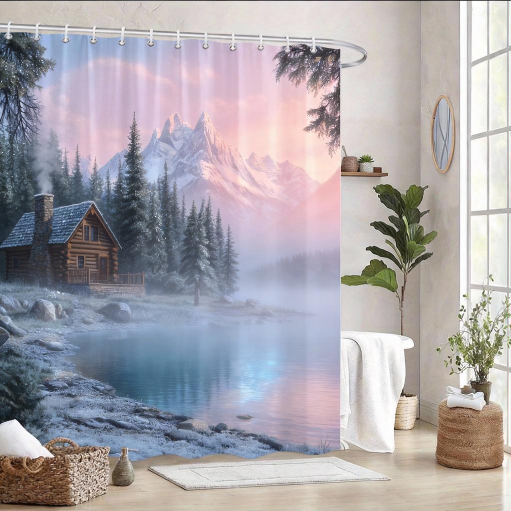 Lakeside Cabin Shower Curtain 180X180Cm – Rustic Wooden House With Snowy Peaks, Cozy Nature Bathroom Decor, 12 Hooks