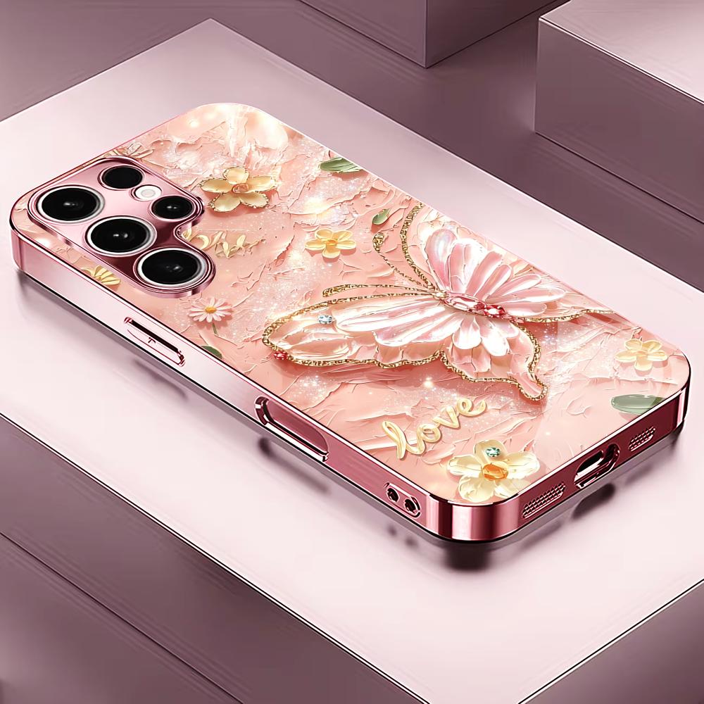 Pink Glitter Butterfly Fashion phone case s26 ultra case quad lock glass for Samsung Galaxy S26 S25 S24 S23 S22 FE Ultra Pl