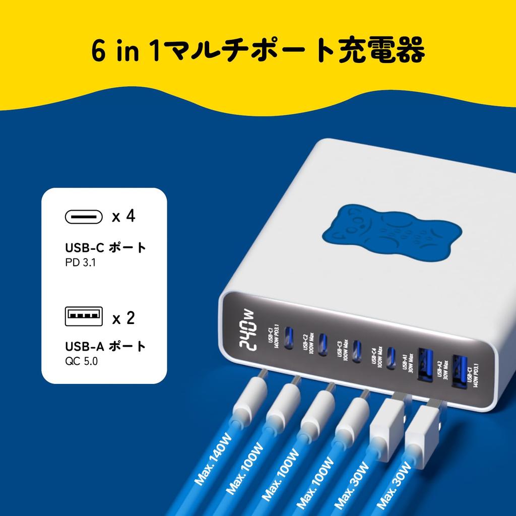 Haribo 240W GaN Charging 6 Ports x 2 x PD QC for Consoles Station, (4 USB-C / USB-A), 3.1 (140W) & 5.0 Compatible,