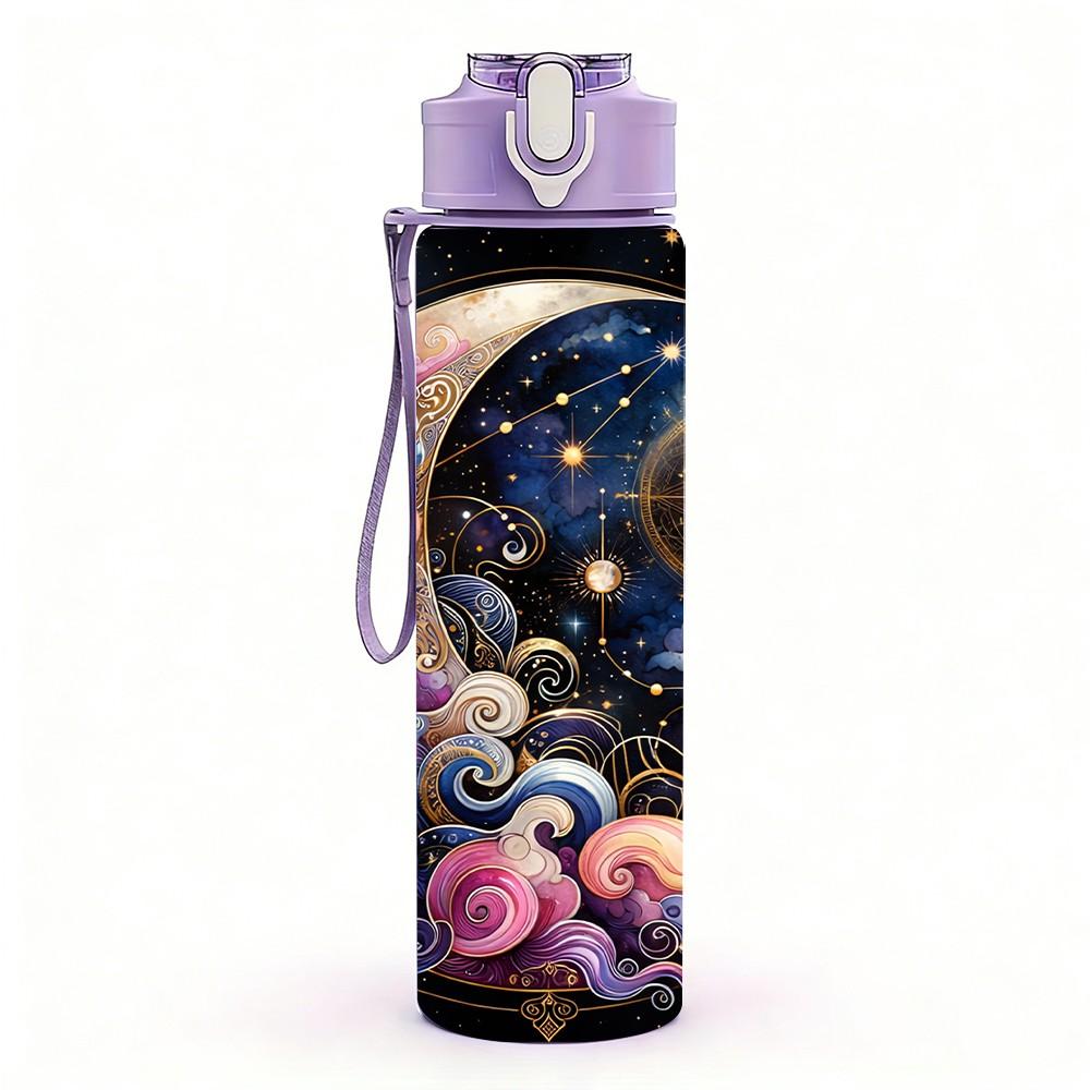 1PC Galaxy Moon Wolf Dream Fantasy Art 750ml Color Plastic Sports Water Bottle Leakproof Flip Straw Lid Suitable for Sports Office Home Use