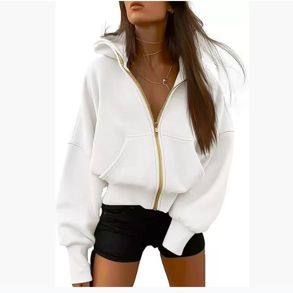 Women's Zipper Hooded Long-sleeved Short Sweatshirt Wool Hooded Jacket Fashion Autumn and Winter Clothes