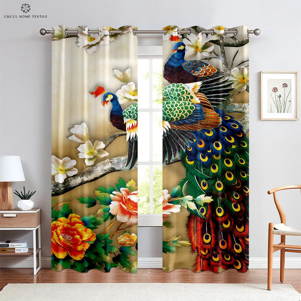Vintage Peacock 3D-utskrift vindusgardiner, stanglomme, soverom, stue, kjøkkeninnredning, kan tilpasses, 2 stk.