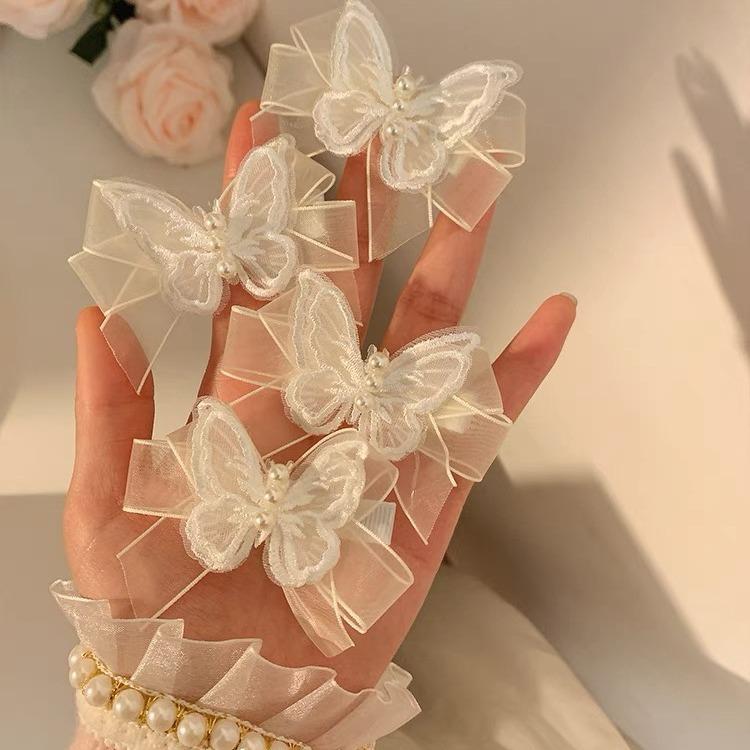 Super Fairy White Mesh Butterfly Pearl Hairpin, Nymph Fairy Beauty Bow, Small Hairpin, Side Braided Hair Headdress.