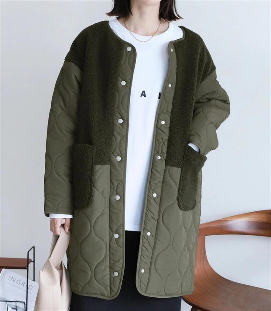 Quilted Long Slimming Winter Loose Fit [kisetsumate] Women's Jacket, Outerwear, No-Collar Boa, Coat, Lightweight, Warm, Padded, (Free Size, Green)