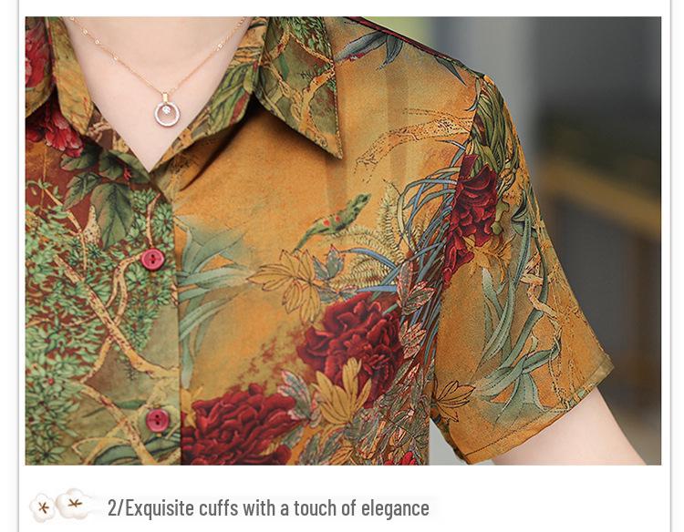 Damen Sommer-Seidenhemd mit Kurzarm und Aufdruck - Elegantes Maulbeerseiden-Oberteil für Mütter mittleren und höheren Alters
