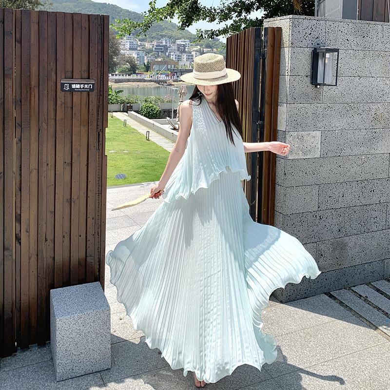 Seaside wear holiday wind tulle vest suspender dress women s early summer pleated dress spot real shot S