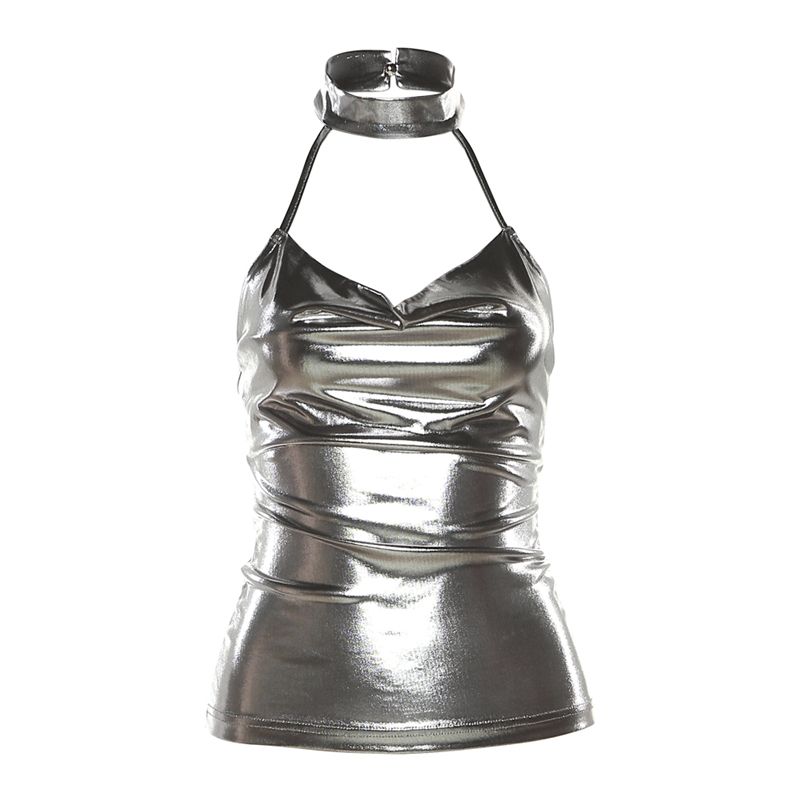 

Странная девушка Европейский и американский стиль гяру Холтер Дизайн с яркой поверхностью из ПУ Маленький слинг Металлический стиль Приталенный Облегающий топ Silver S