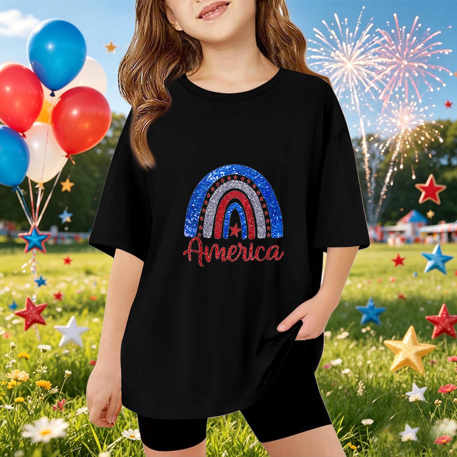 

Kids Short Sleeve T Shirt Independence Day Print Top America Graphic Tee for Boys and Girls Casual Wear 130 чёрный