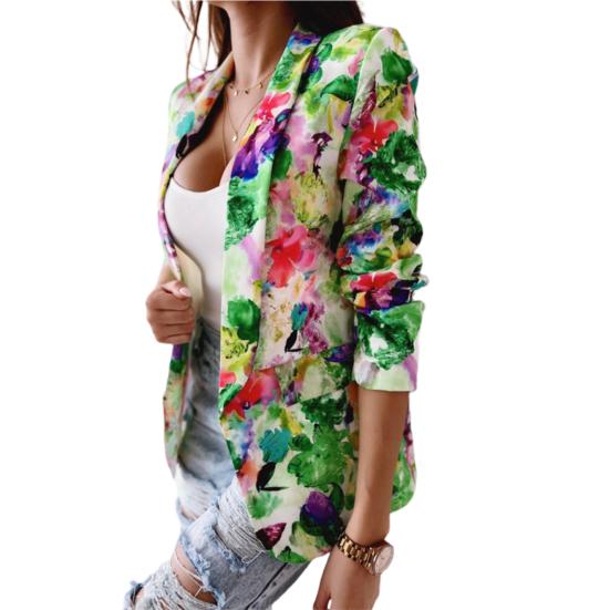 

Office Lady Blazer Colorful Print Slim Spring Autumn Fake Pockets Floral Suit S зелёный