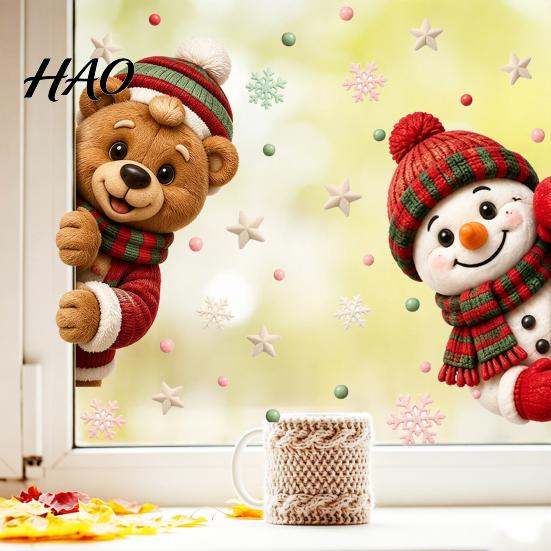 Removable Vinyl Decals 2Pcs Christmas Window Clings, Cute Bear Snowman Static Decals, 16" x 12" Festive Stickers for Glass Doors Home Shop Decoration
