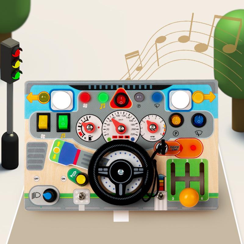 

Wooden Montessori Busy Board: Electronic Steering Wheel with Switch Lights for Early Education